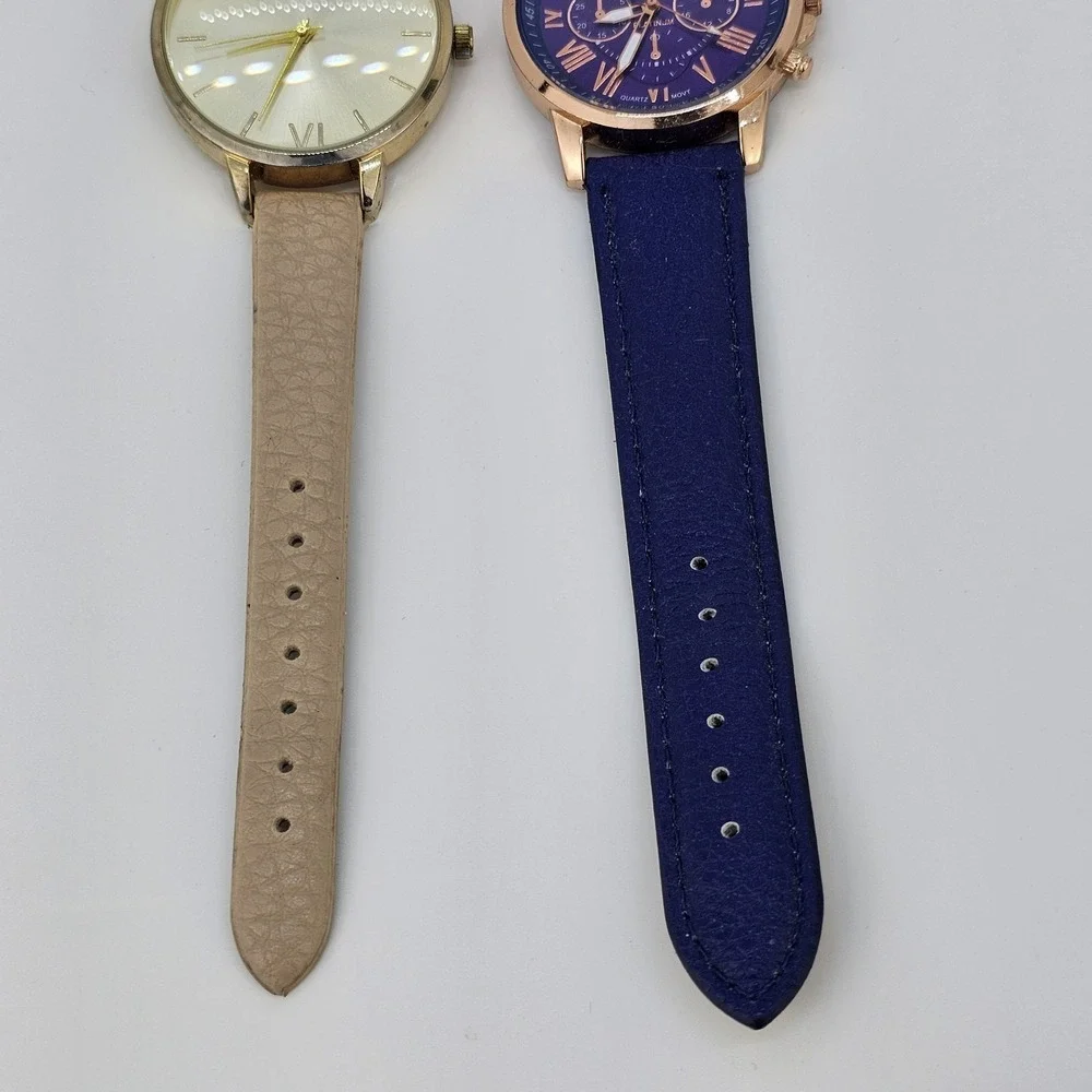 2X 40MM Women's Watch Gold Purple Dial Tan Purple Faux Leather Bands New Battery